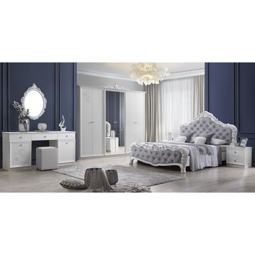 Dormitor Brigitte, alb, pat 160x200 cm, dulap cu 6 usi, comoda, 2 noptiere