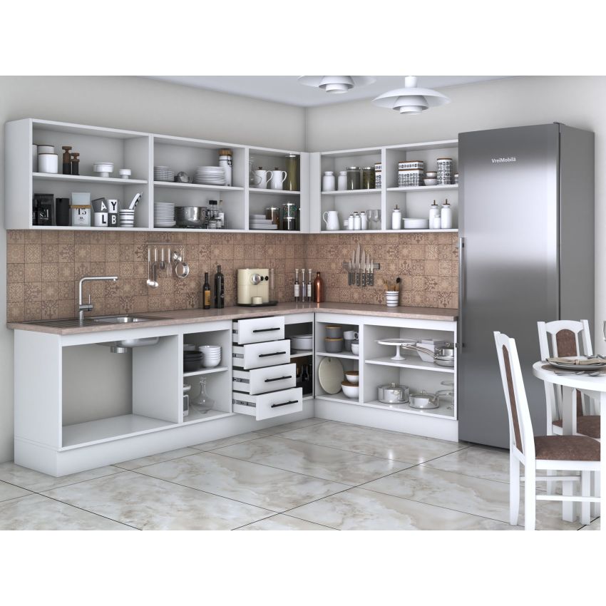 Bucatarie de colt Alfa, Cu vitrina, Alb, Blat termic travertin