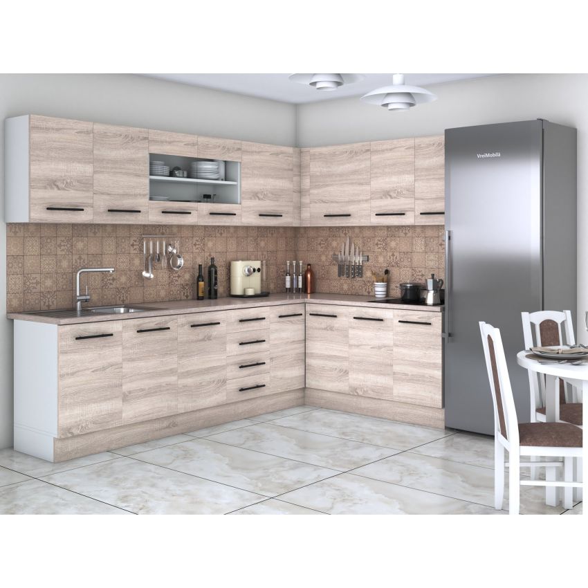 Bucatarie de colt Alfa, Cu vitrina, Alb, Blat termic travertin