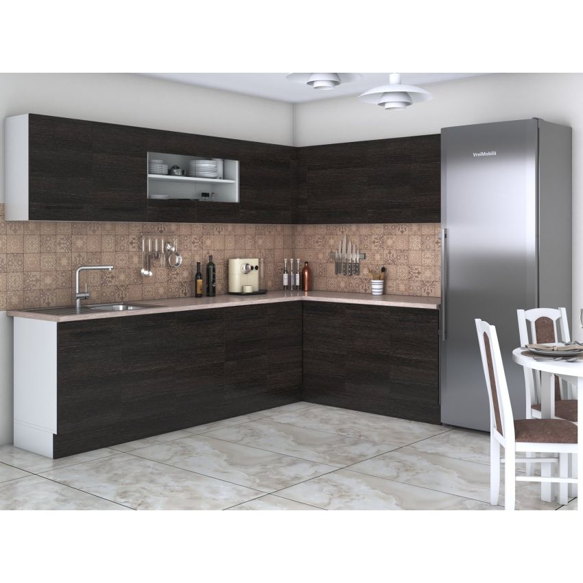 Bucatarie de colt Alfa, Cu vitrina, Alb, Blat termic travertin