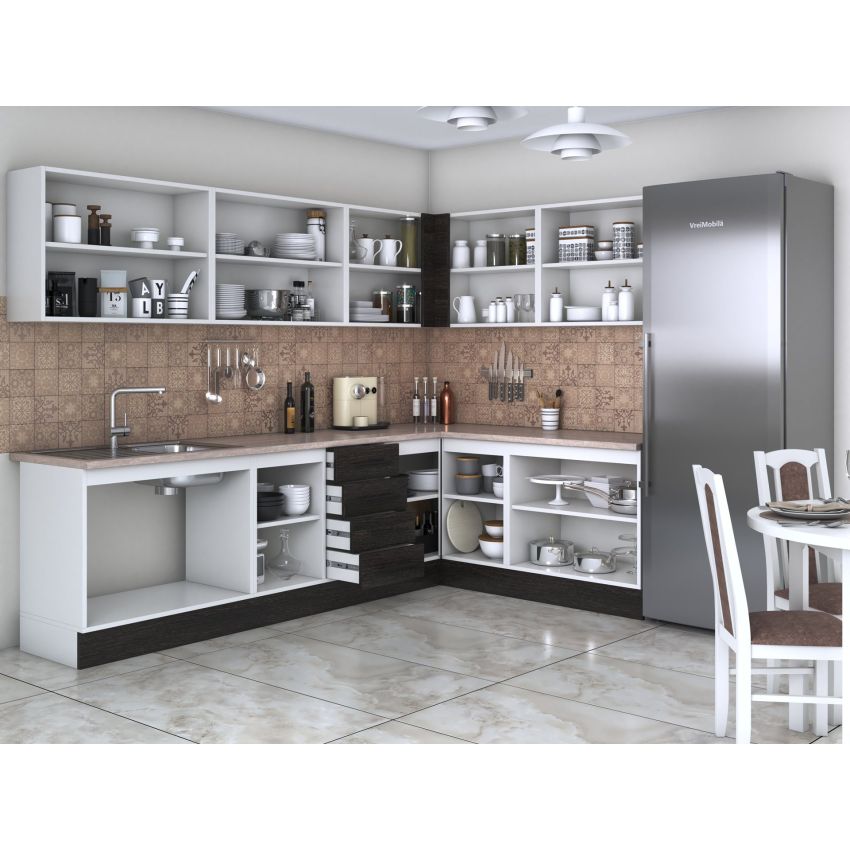 Bucatarie de colt Alfa, Cu vitrina, Wenge, Blat termic travertin