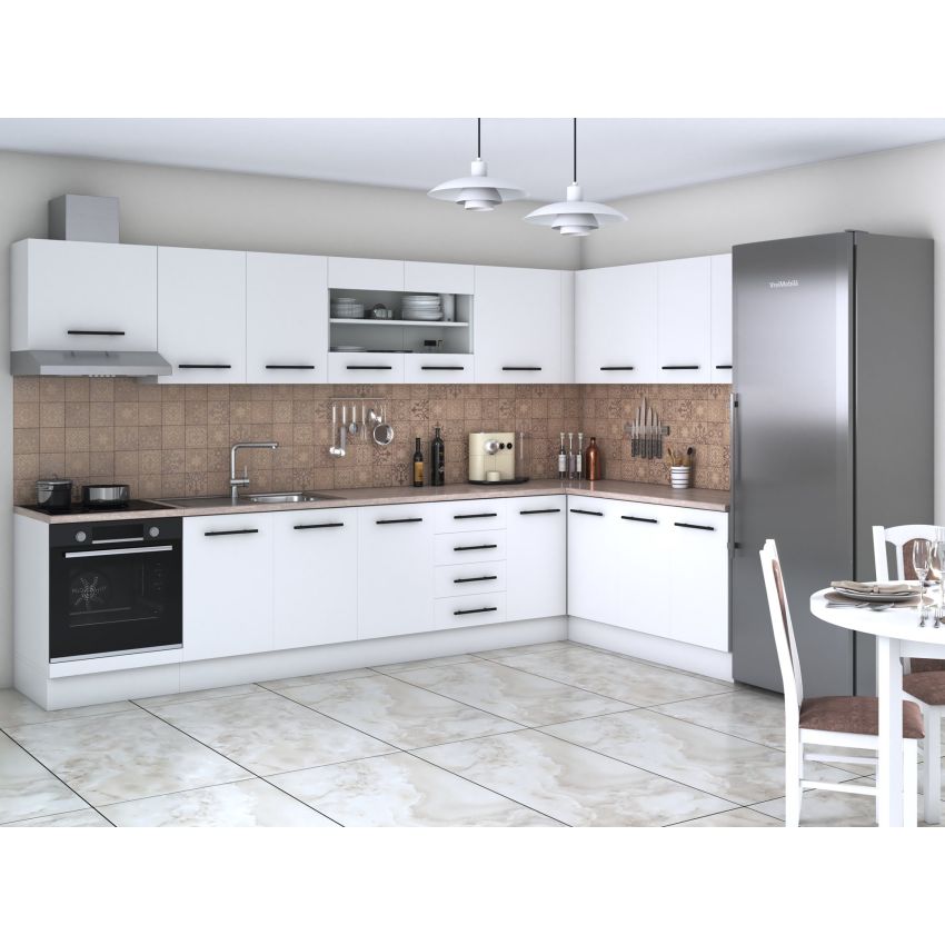 Bucatarie de colt Alfa, Corp hota, Corp cuptor, Cu vitrina, Alb, Blat termic travertin