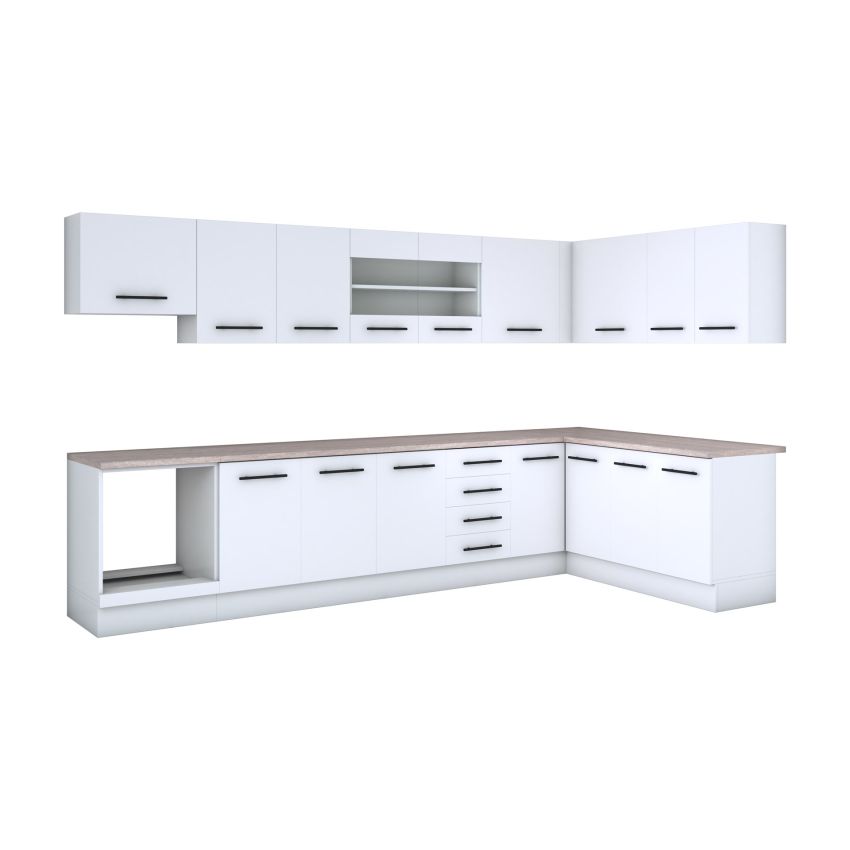 Bucatarie de colt Alfa, Corp hota, Corp cuptor, Cu vitrina, Alb, Blat termic travertin