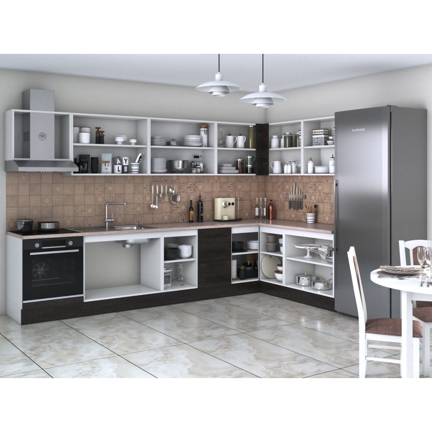 Bucatarie de colt Alfa, Cu vitrina, Corp cuptor, Corp hota, Wenge, Blat termic travertin