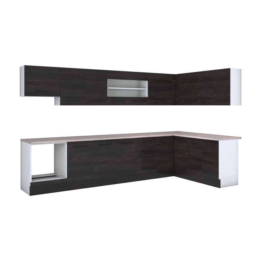 Bucatarie de colt Alfa, Cu vitrina, Corp cuptor, Corp hota, Wenge, Blat termic travertin