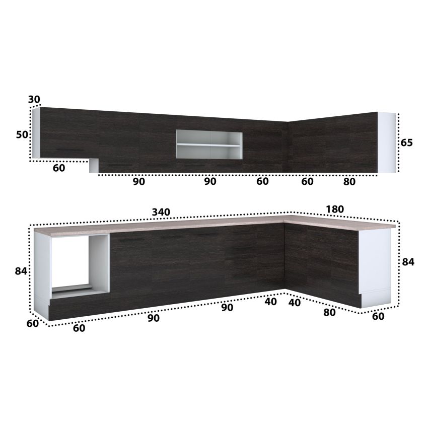 Bucatarie de colt Alfa, Cu vitrina, Corp cuptor, Corp hota, Wenge, Blat termic travertin