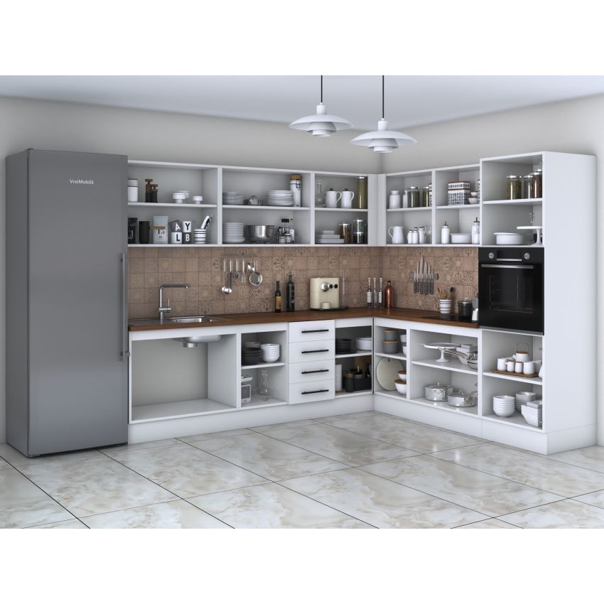 Bucatarie de colt Alfa, Corp inalt cuptor, Cu vitrina, Alb, Blat termic nuc