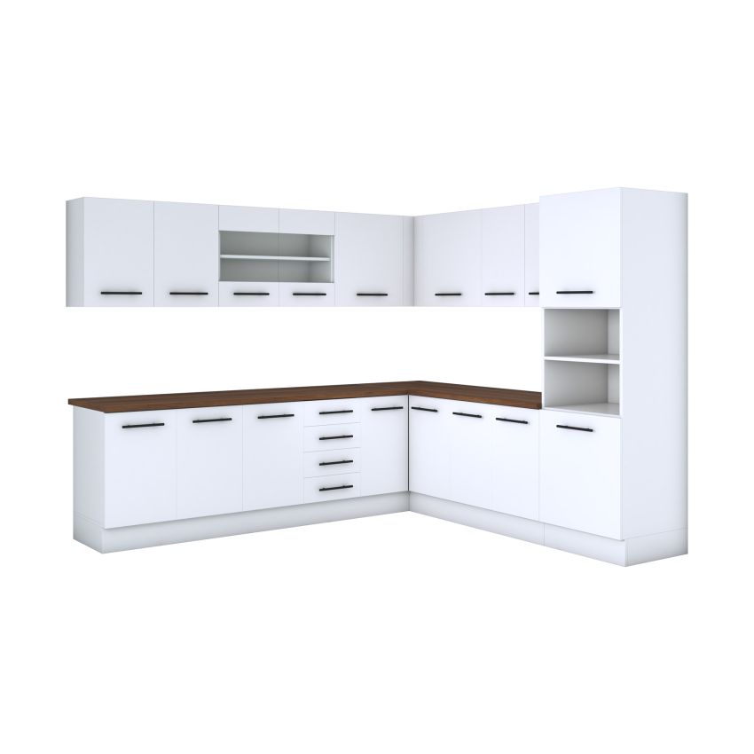 Bucatarie de colt Alfa, Corp inalt cuptor, Cu vitrina, Alb, Blat termic nuc