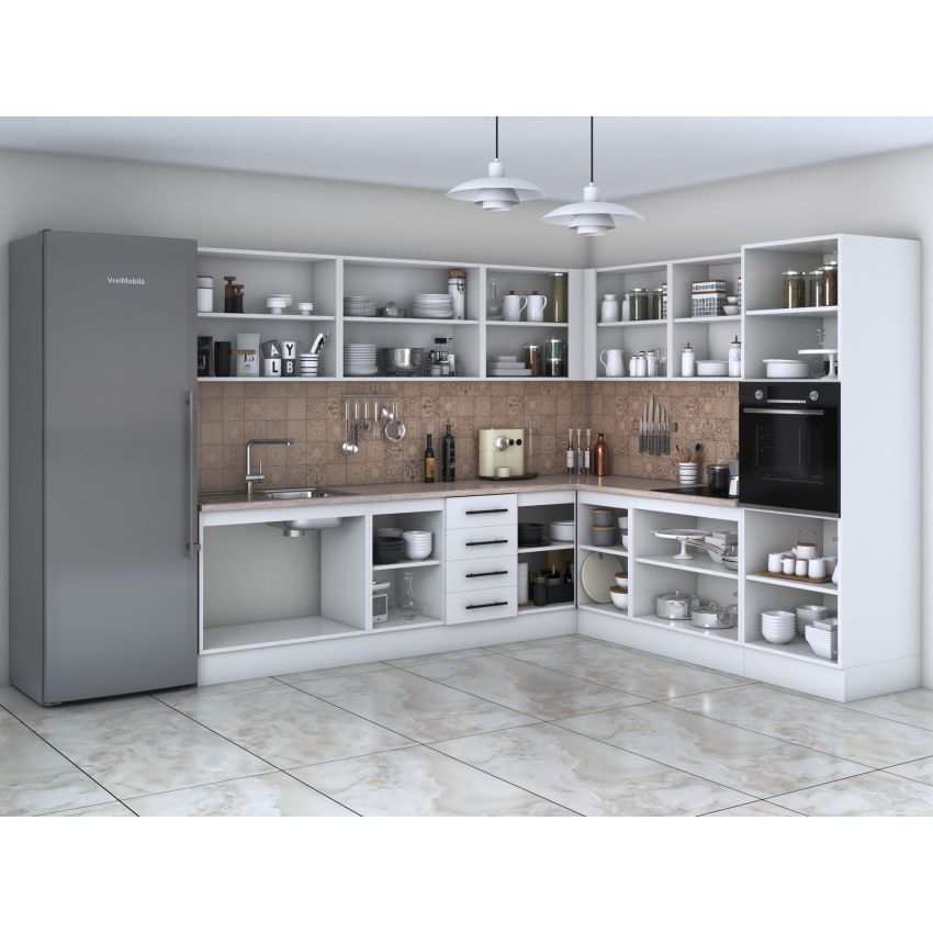Bucatarie de colt Alfa, Corp inalt cuptor, Cu vitrina, Alb, Blat termic travertin