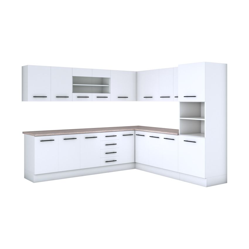 Bucatarie de colt Alfa, Corp inalt cuptor, Cu vitrina, Alb, Blat termic travertin