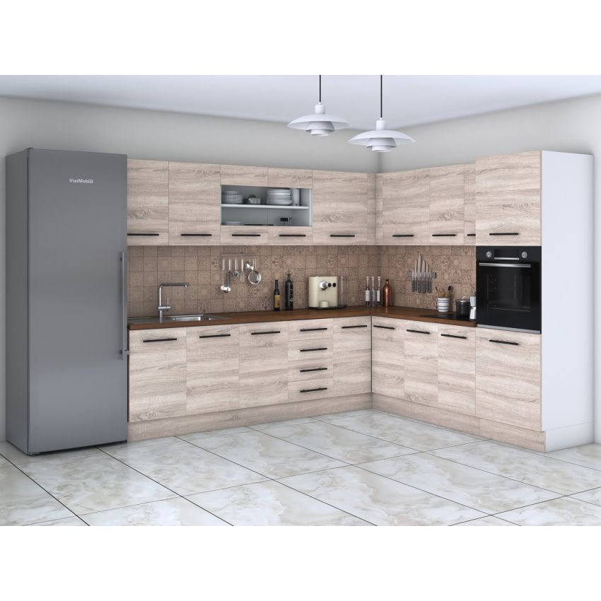 Bucatarie de colt Alfa, Corp inalt cuptor, Cu vitrina, Alb, Blat termic nuc