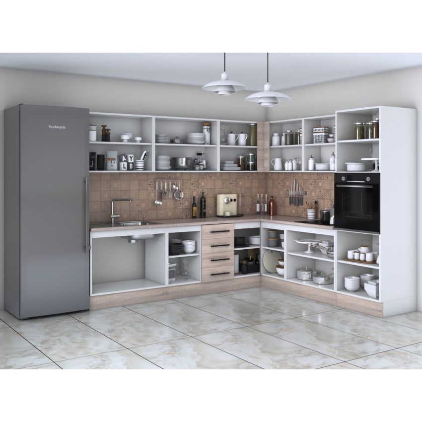 Bucatarie de colt Alfa, Corp inalt cuptor, Cu vitrina, Sonoma, Blat termic travertin