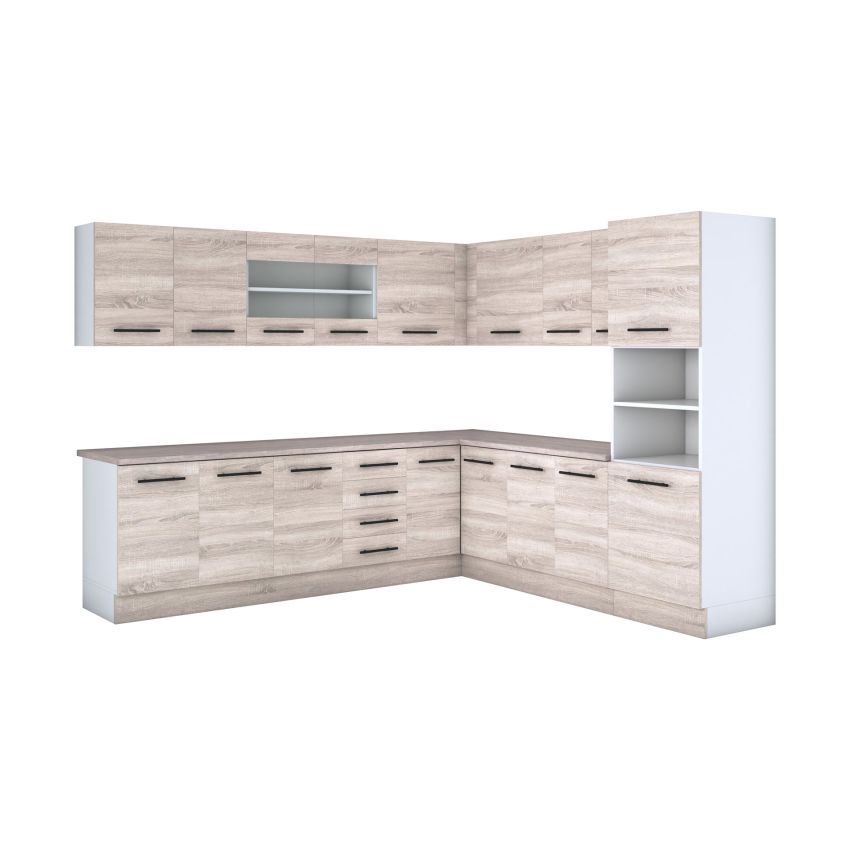 Bucatarie de colt Alfa, Corp inalt cuptor, Cu vitrina, Sonoma, Blat termic travertin
