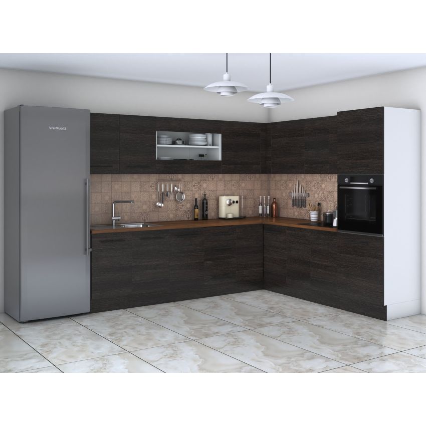 Bucatarie de colt Alfa, Corp inalt cuptor, Cu vitrina, Alb, Blat termic nuc