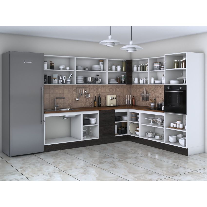 Bucatarie de colt Alfa, Corp inalt cuptor, Cu vitrina, Wenge, Blat termic nuc