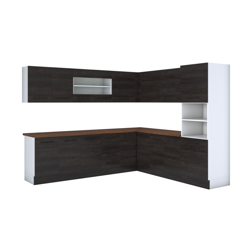 Bucatarie de colt Alfa, Corp inalt cuptor, Cu vitrina, Wenge, Blat termic nuc
