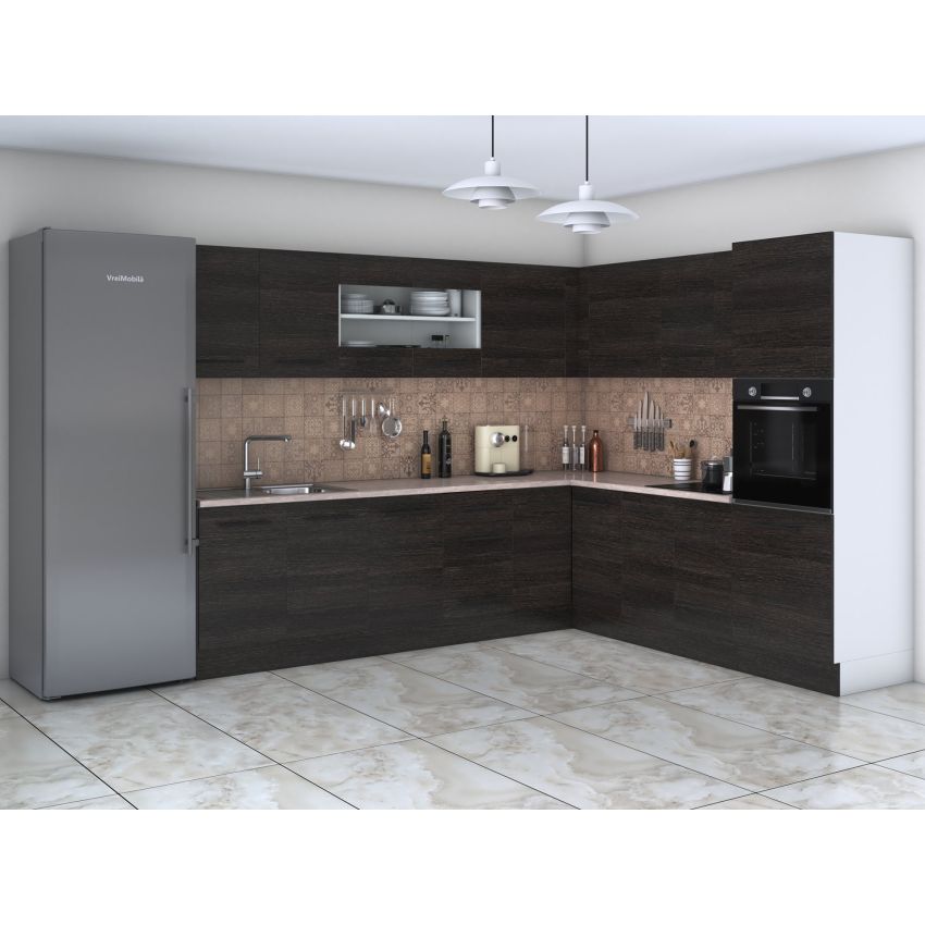 Bucatarie de colt Alfa, Corp inalt cuptor, Cu vitrina, Sonoma, Blat termic travertin