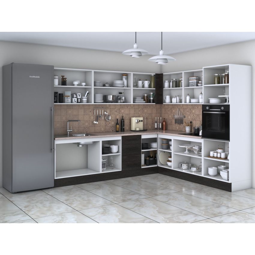 Bucatarie de colt Alfa, Corp inalt cuptor, Cu vitrina, Wenge, Blat termic travertin