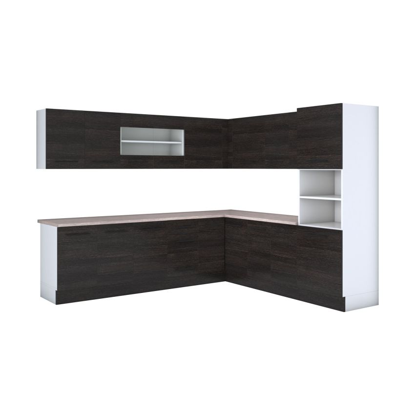 Bucatarie de colt Alfa, Corp inalt cuptor, Cu vitrina, Wenge, Blat termic travertin