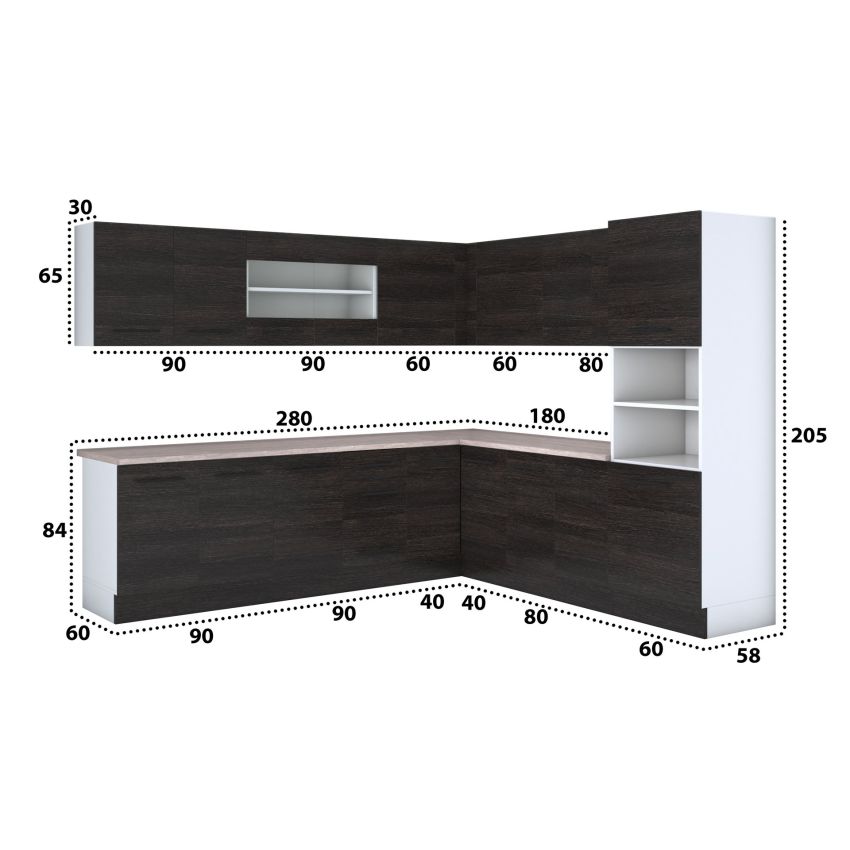 Bucatarie de colt Alfa, Corp inalt cuptor, Cu vitrina, Wenge, Blat termic travertin