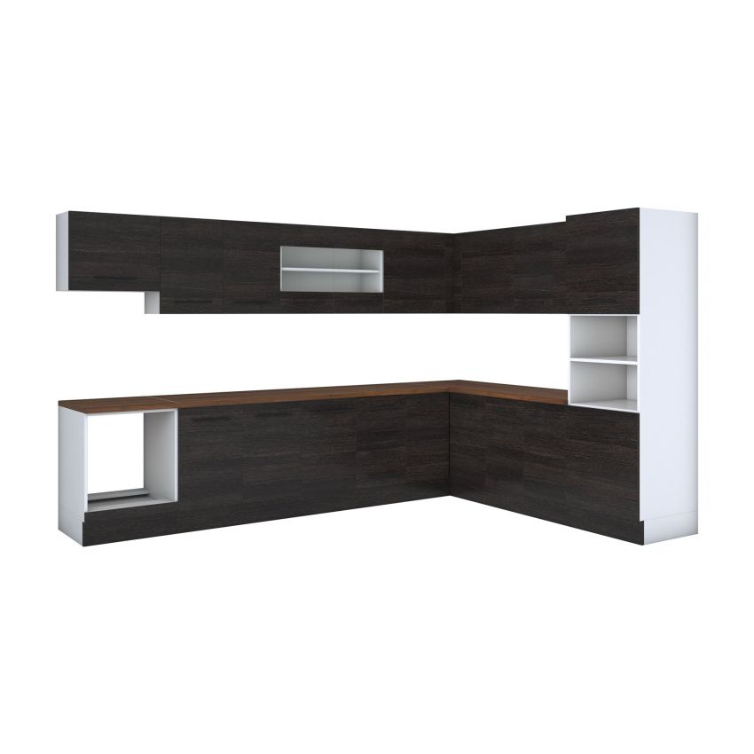 Bucatarie de colt Alfa, Soldat, Corp cuptor, Corp hota, Cu vitrina, Wenge, Blat termic nuc