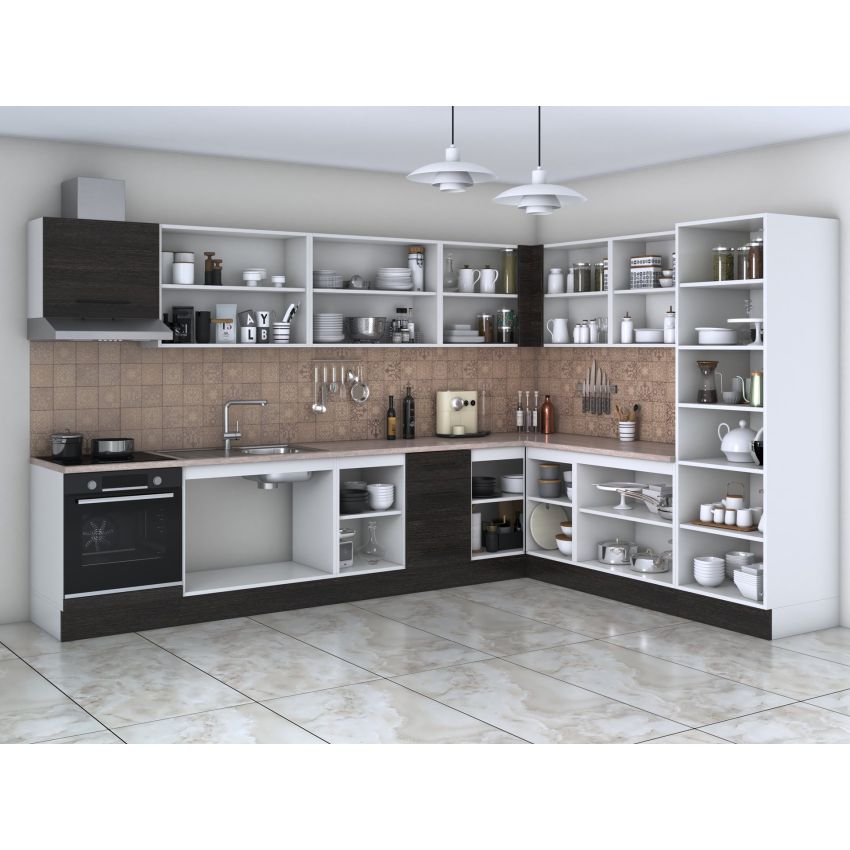 Bucatarie de colt Alfa, Soldat, Corp cuptor, Corp hota, cu vitrina, Wenge, Blat termic travertin