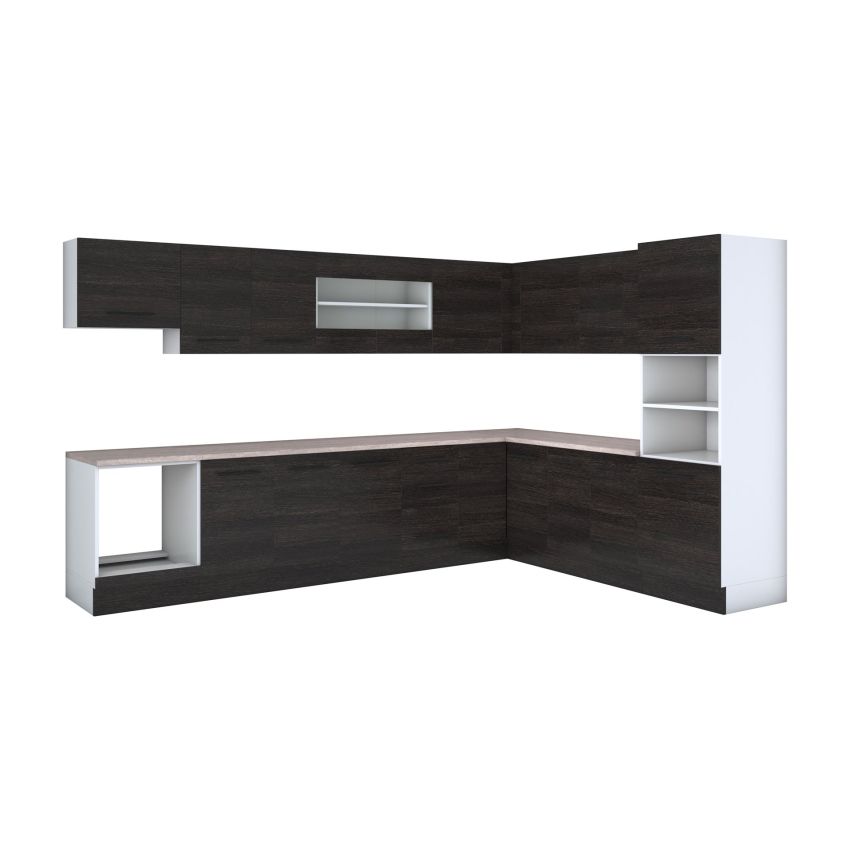 Bucatarie de colt Alfa, Soldat, Corp cuptor, Corp hota, cu vitrina, Wenge, Blat termic travertin