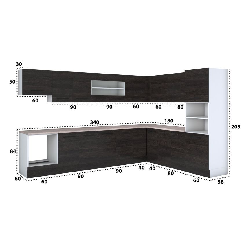 Bucatarie de colt Alfa, Soldat, Corp cuptor, Corp hota, cu vitrina, Wenge, Blat termic travertin