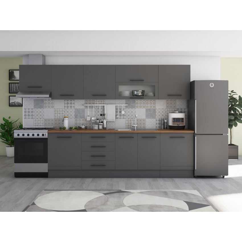 Bucatarie Alfa 320, gri, blat termic nuc, corp hota