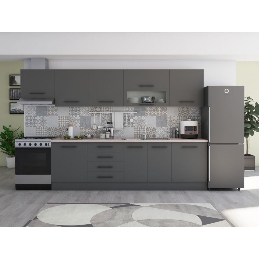 Bucatarie Alfa 320, gri, blat termic travertin, corp hota