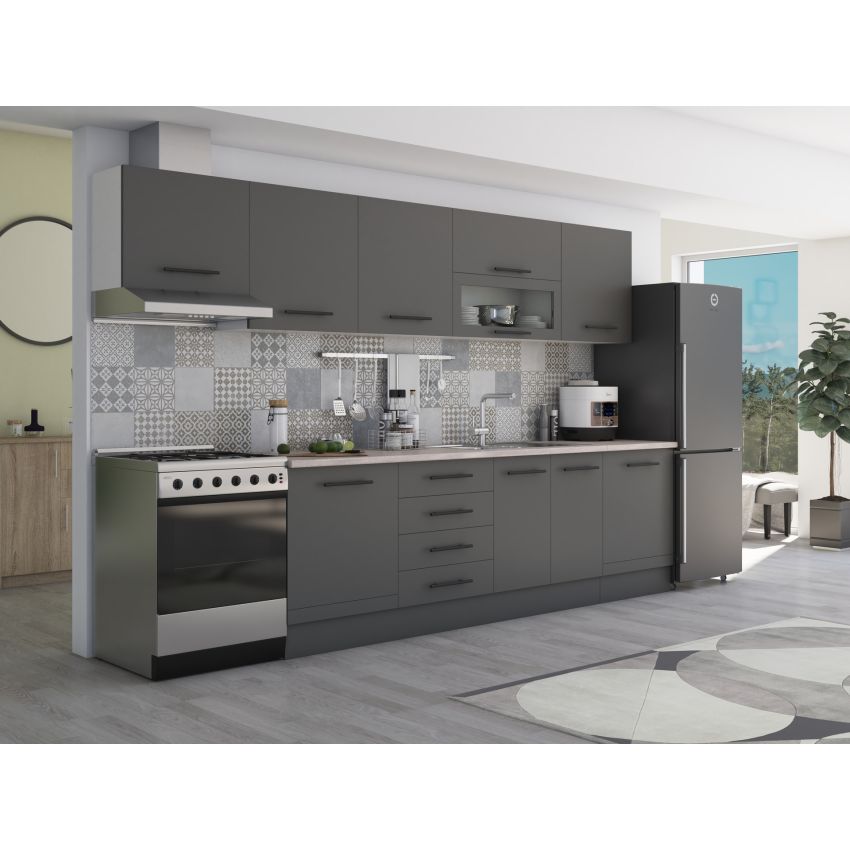 Bucatarie Alfa 320, gri, blat termic travertin, corp hota