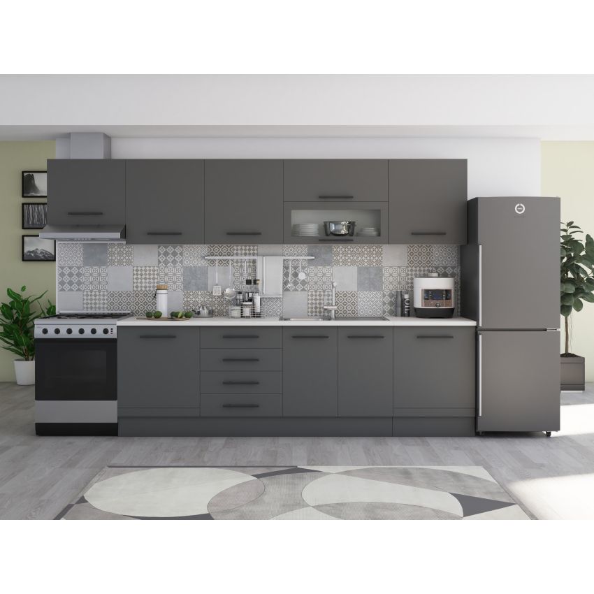 Bucatarie Alfa 320, gri, blat termic alb, corp hota