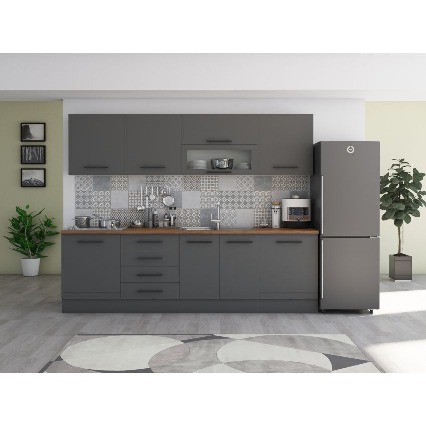 Bucatarie Alfa 260, Cu vitrina, Gri, Blat termic nuc