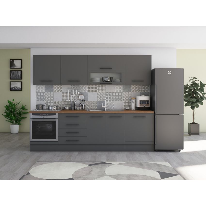 Bucatarie Alfa 260, Cu vitrina, Gri, Blat termic nuc