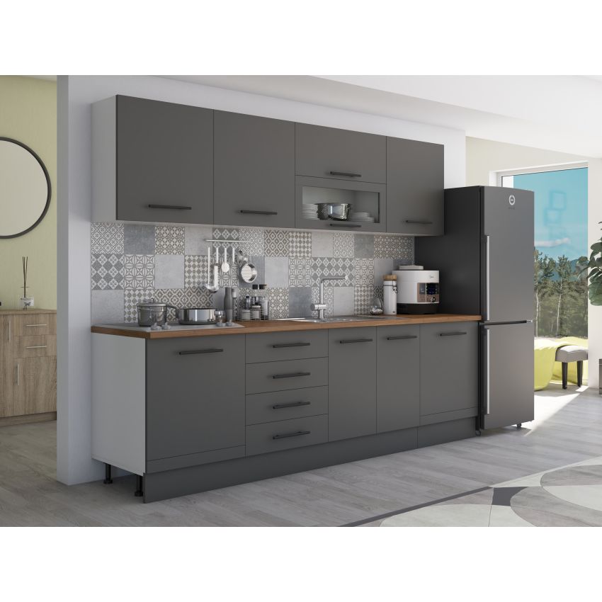 Bucatarie Alfa 260, Cu vitrina, Gri, Blat termic nuc