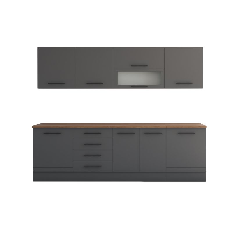 Bucatarie Alfa 260, Cu vitrina, Gri, Blat termic nuc