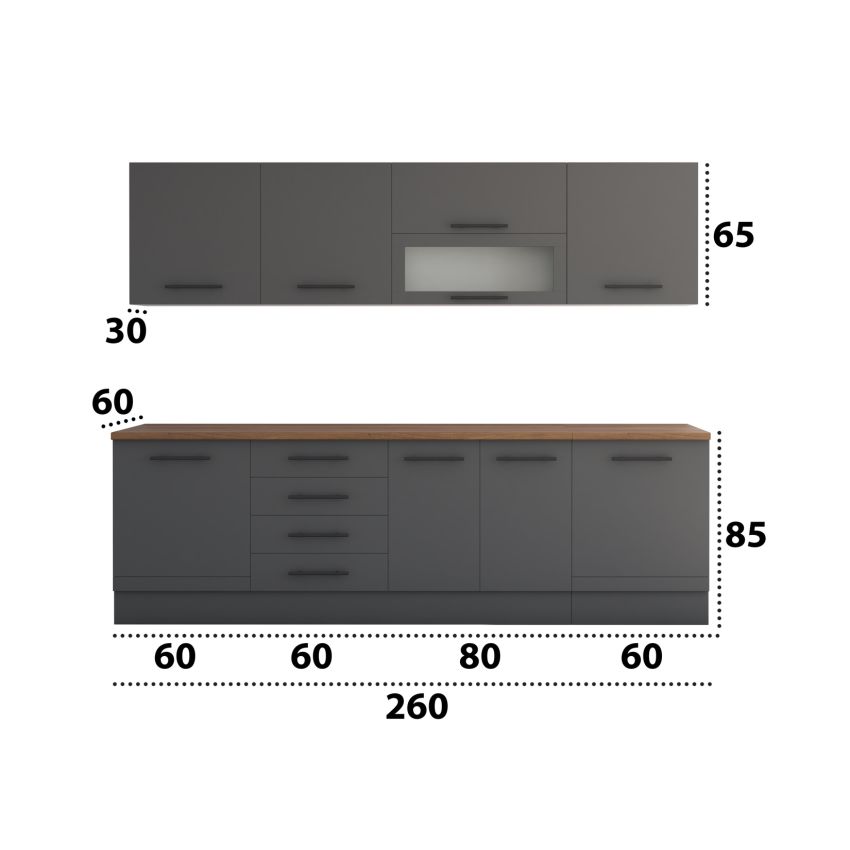 Bucatarie Alfa 260, Cu vitrina, Gri, Blat termic nuc