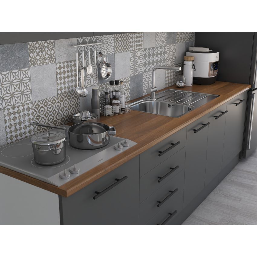 Bucatarie Alfa 260, Cu vitrina, Gri, Blat termic nuc