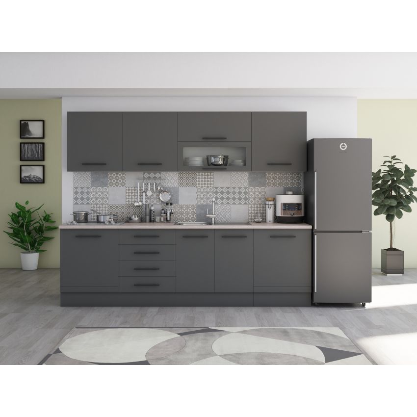Bucatarie Alfa 260, Cu vitrina, Gri, Blat termic travertin