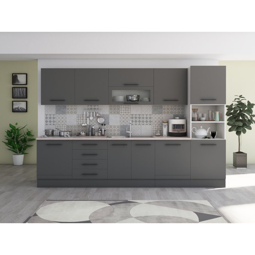 Bucatarie Alfa 320, gri, blat termic travertin, corp pentru cuptor incorporabil