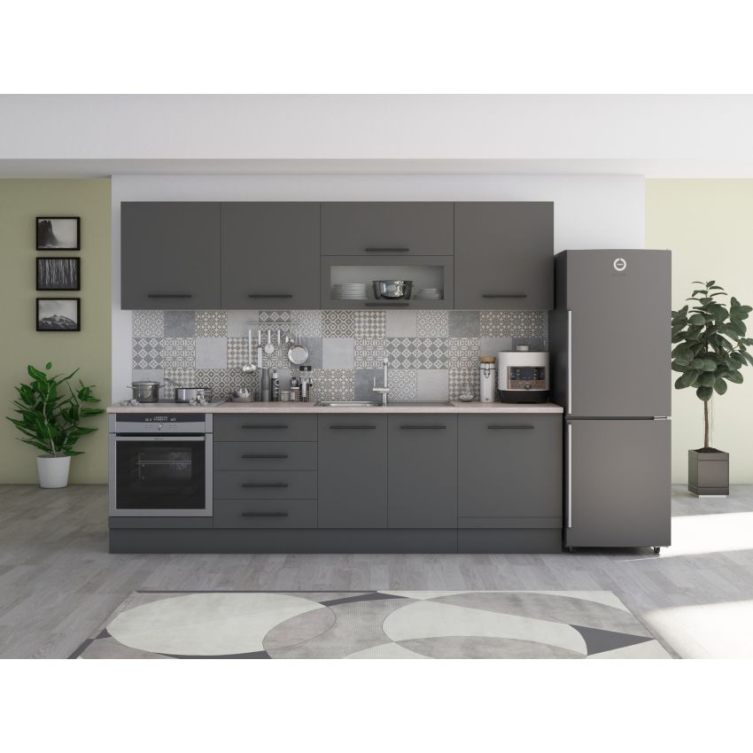 Bucatarie Alfa 260, Cu vitrina, Gri, Blat termic travertin