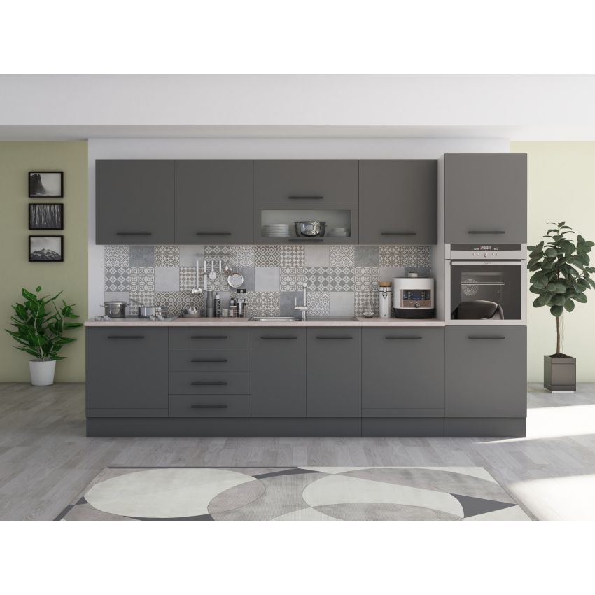 Bucatarie Alfa 320, gri, blat termic travertin, corp pentru cuptor incorporabil