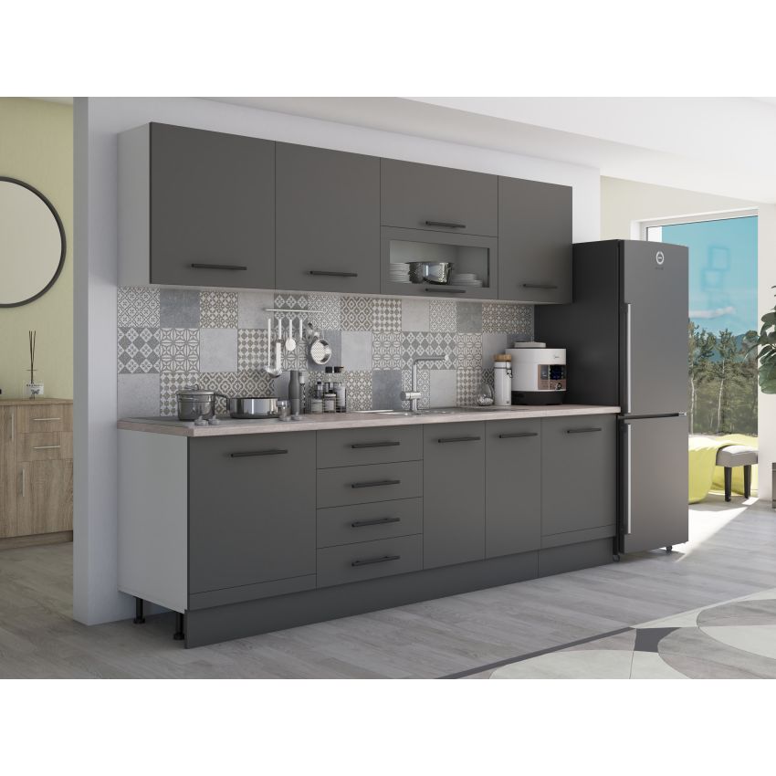 Bucatarie Alfa 260, Cu vitrina, Gri, Blat termic travertin