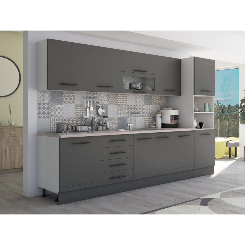 Bucatarie Alfa 320, gri, blat termic travertin, corp pentru cuptor incorporabil
