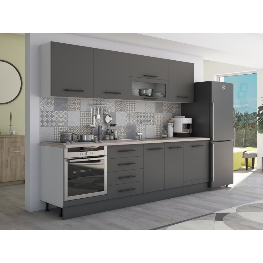 Bucatarie Alfa 260, Cu vitrina, Gri, Blat termic travertin