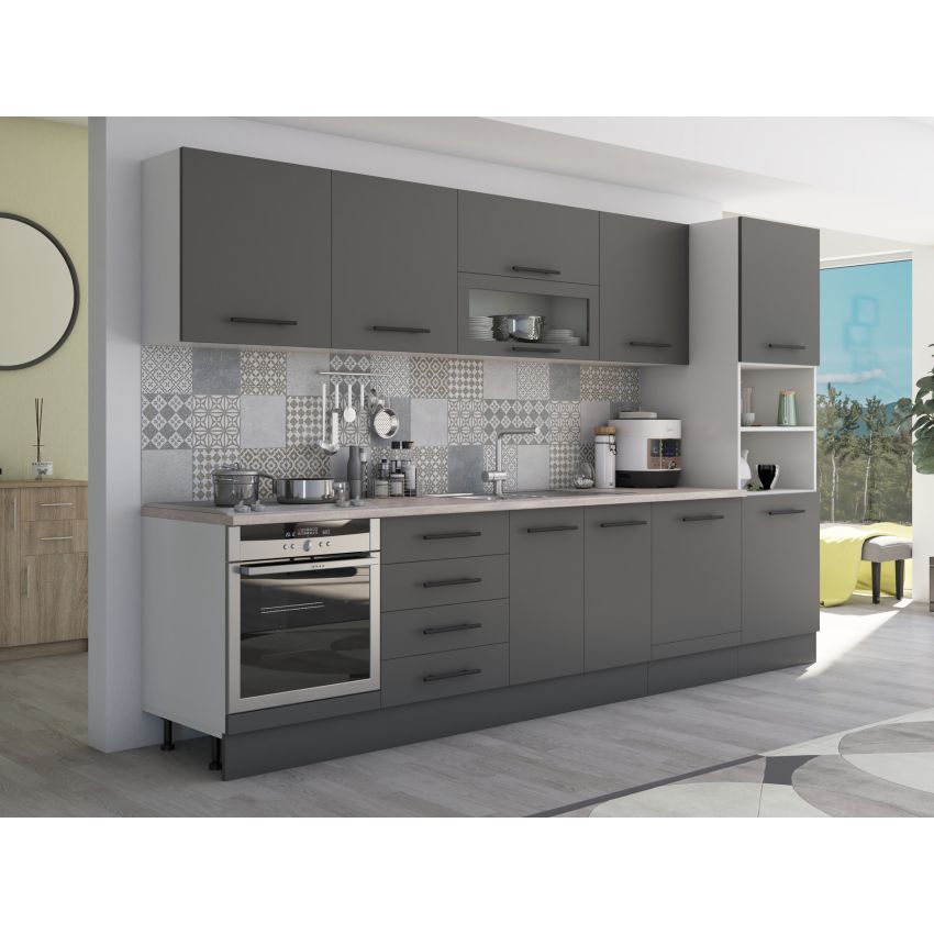 Bucatarie Alfa 320, gri, blat termic travertin, corp pentru cuptor incorporabil