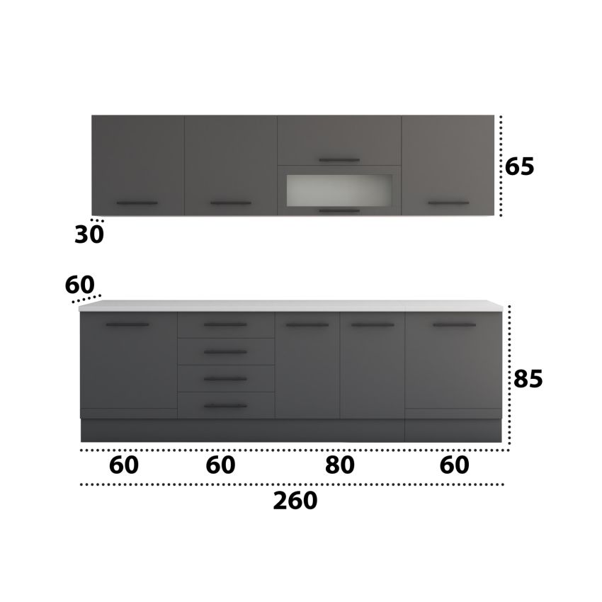 Bucatarie Alfa 260, Cu vitrina, Gri, Blat termic travertin