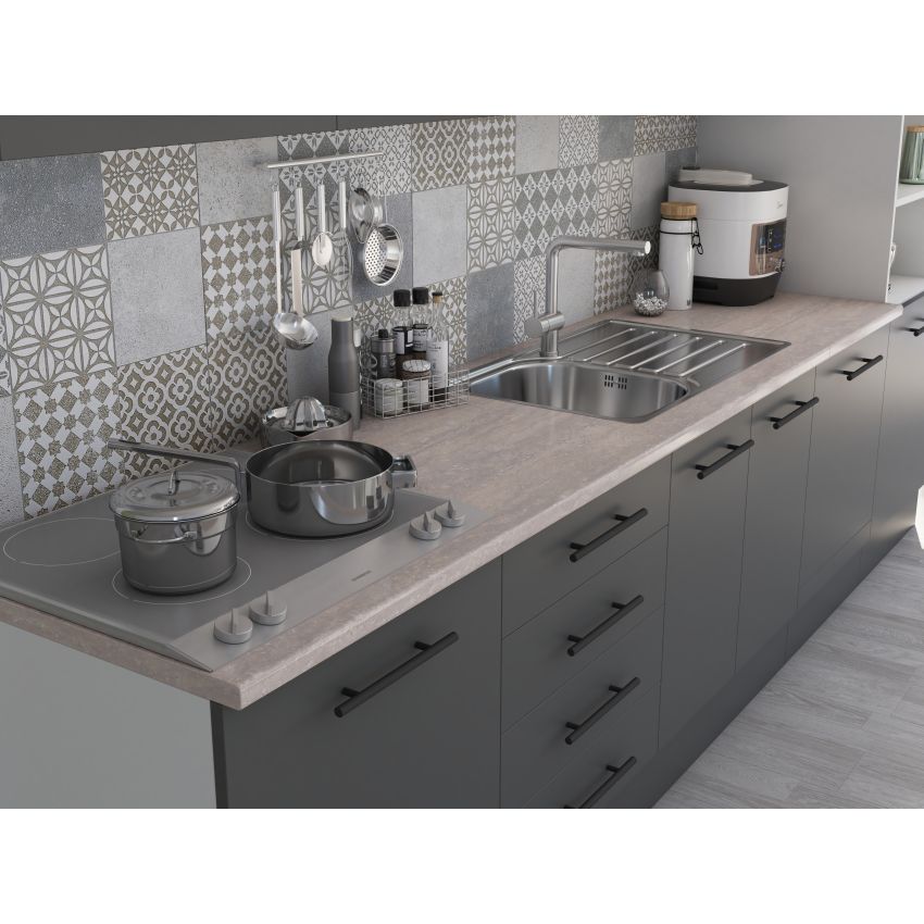 Bucatarie Alfa 320, gri, blat termic travertin, corp pentru cuptor incorporabil