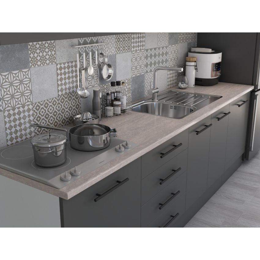 Bucatarie Alfa 260, Cu vitrina, Gri, Blat termic travertin