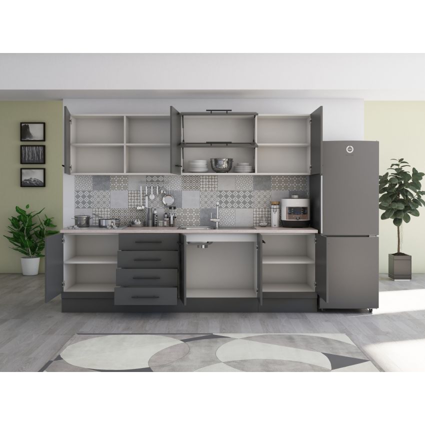 Bucatarie Alfa 260, Cu vitrina, Gri, Blat termic travertin